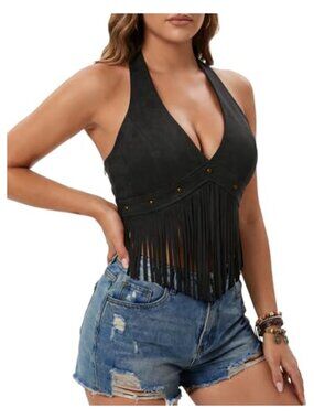 Faux Suede Halter Crop Top Sleeveless Fringe Vest 70s Tassel Tank